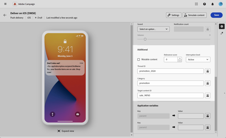 Additional options screen