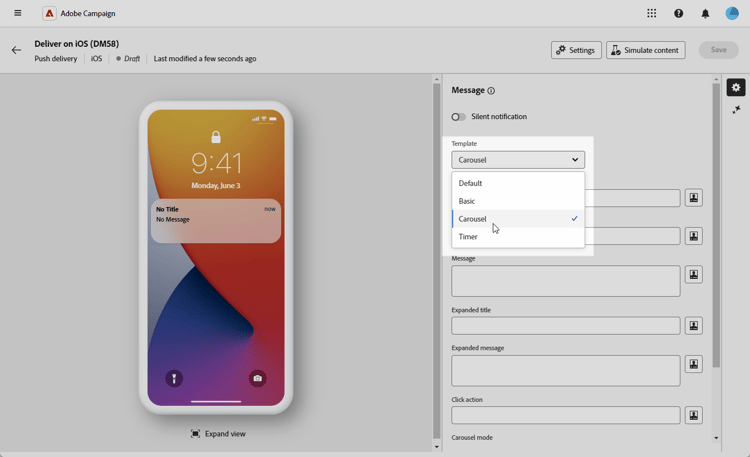 Carousel template selection screen