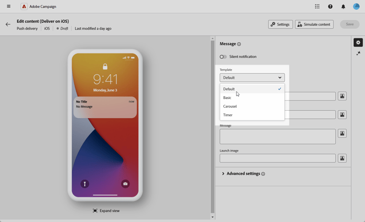 Default template selection screen