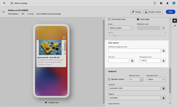 Color options screen