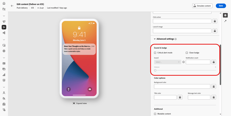 Sound and badge settings screen