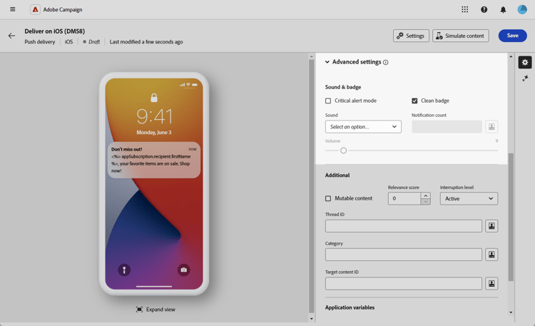 Sound and badge settings screen