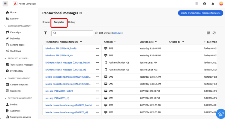 Screenshot showing the transactional templates section in Campaign Web User Interface.