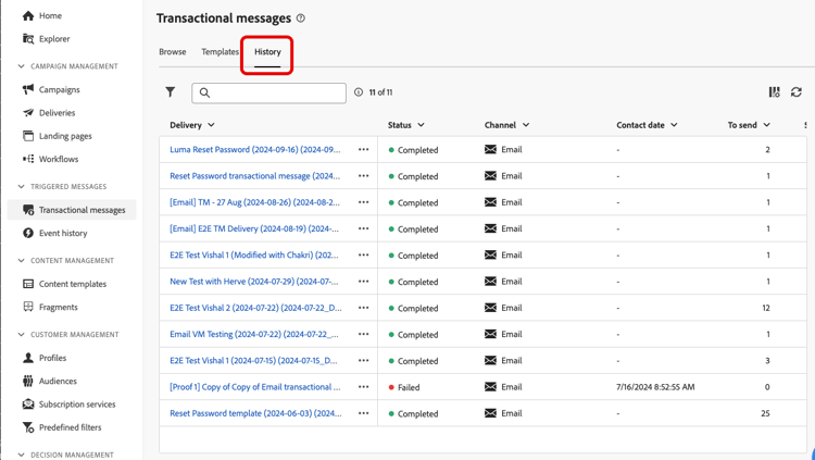 Screenshot showing the history tab with a list of executed transactional messages.