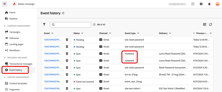 Screenshot showing the event history section with event type names.