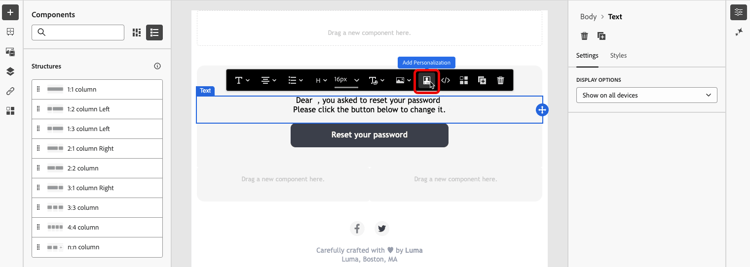 Screenshot showing the personalization icon in the content editor.