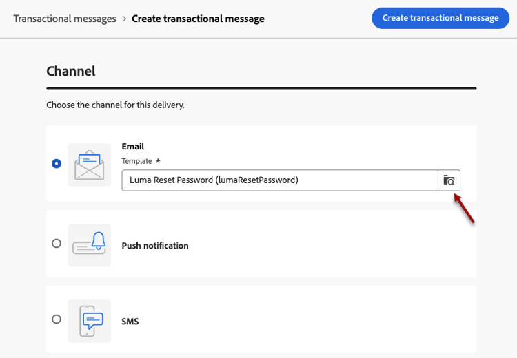 Screenshot showing the channel selection for transactional messages.