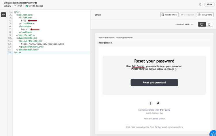 Screenshot showing the preview of the transactional message template.