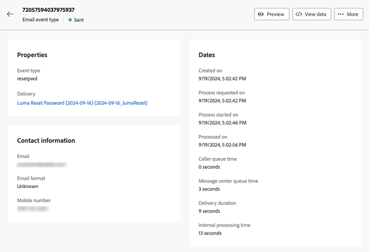 Screenshot showing detailed event information, including preview and view data options.