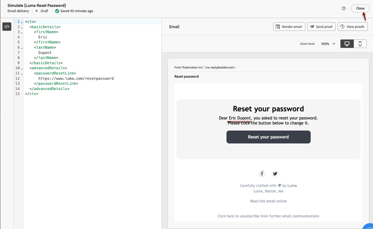 Screenshot showing the Simulate content button and preview functionality