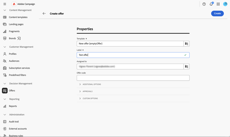 Screenshot showing the Offer creation.