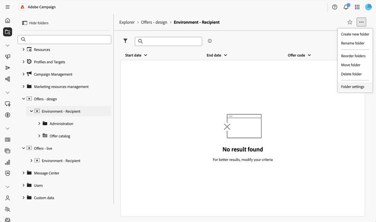 Screenshot showing the Folder settings option of an environment