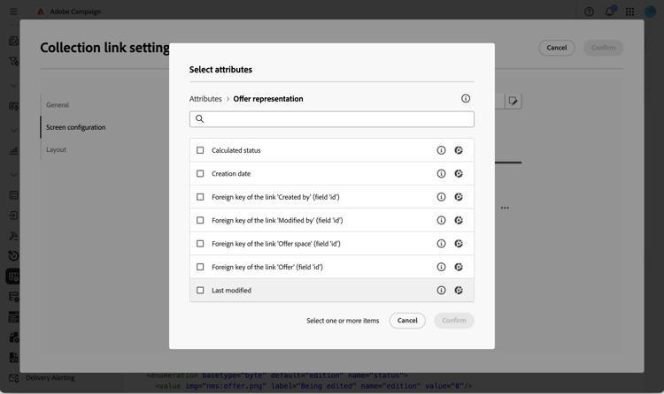 Screenshot showing the screen configuration tab of the collection link settings dialog.