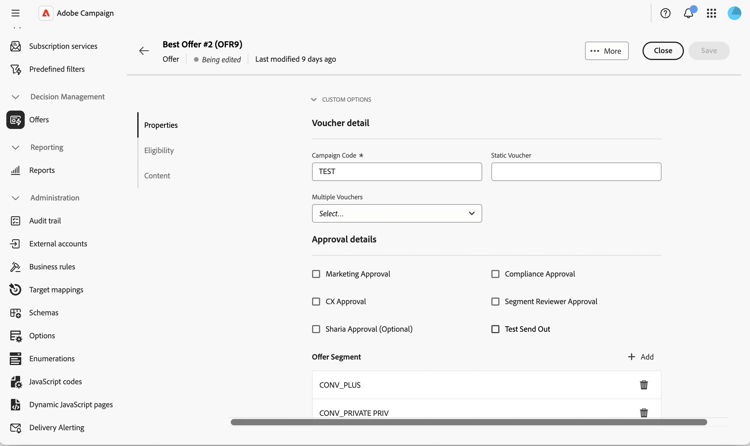 Screenshot showing the editable list rendering in the offer detail screen.