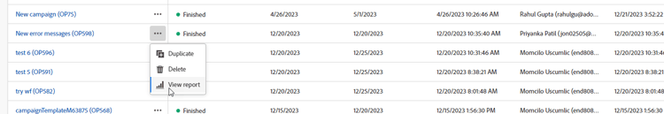 Screenshot showing the More actions button and View report option