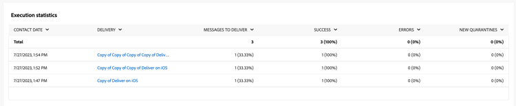 Execution statistics displayed in the report