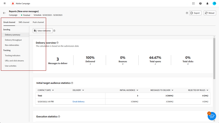 Screenshot showing the left menu with report options and tabs for channel data