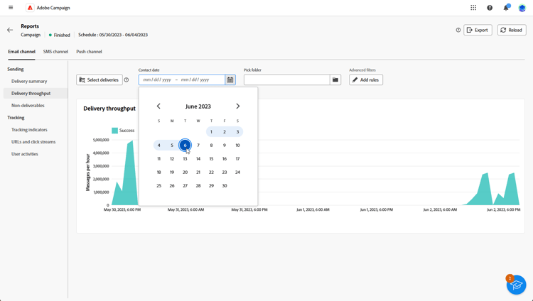 Screenshot showing the Delivery throughput menu with Start and End time options