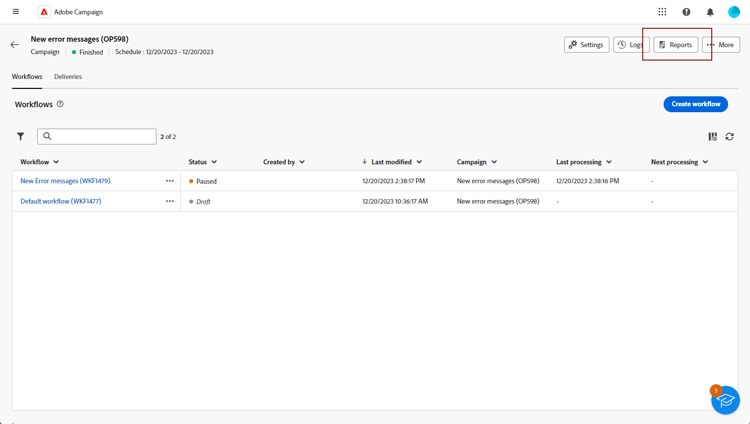 Screenshot showing the Campaigns menu and Reports button