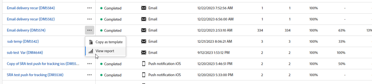 Delivery list with More actions button highlighted