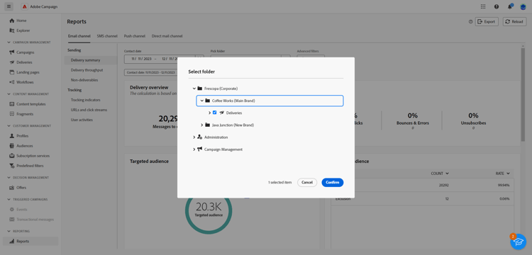 Screenshot showing the pick folder field for selecting deliveries or campaigns