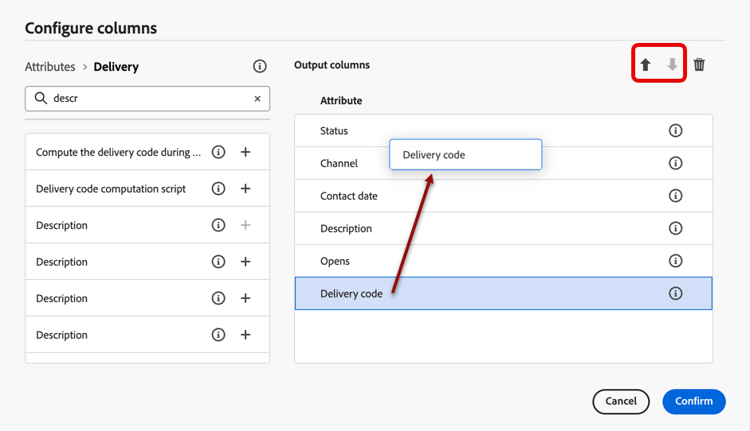 The screenshot demonstrates how to reorder list columns using drag-and-drop or arrow buttons.