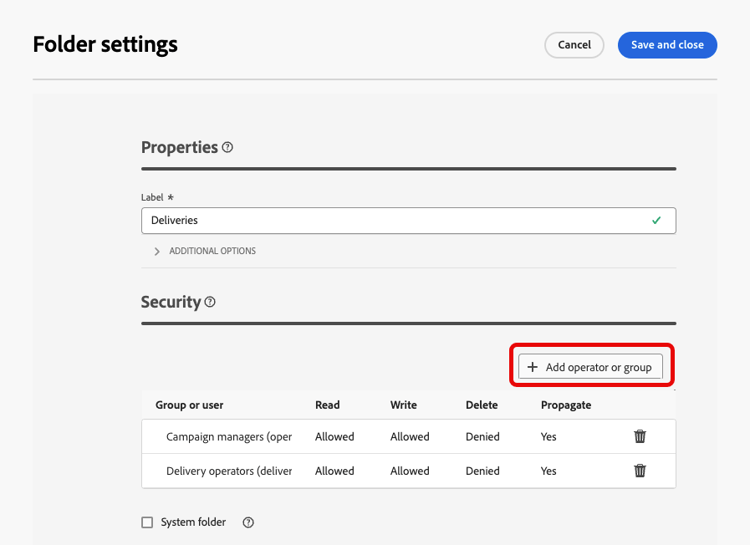 Example of folder security settings in Adobe Campaign