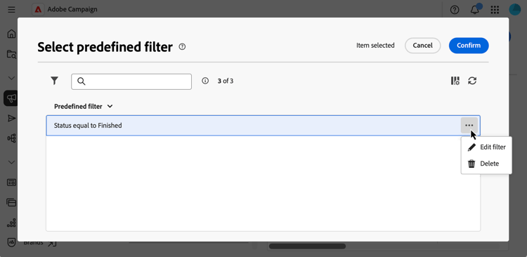 Predefined filter list interface