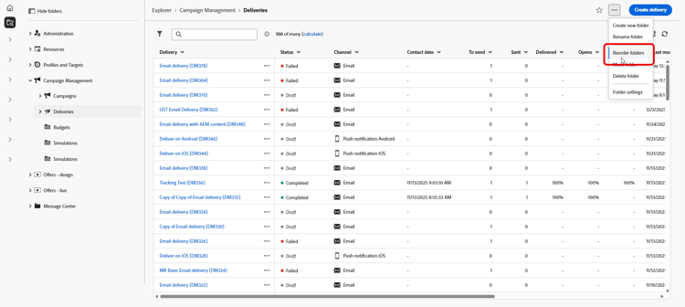 Reorder folders interface showing folder hierarchy