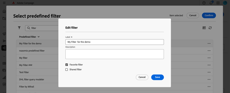 Edition of predefined filters
