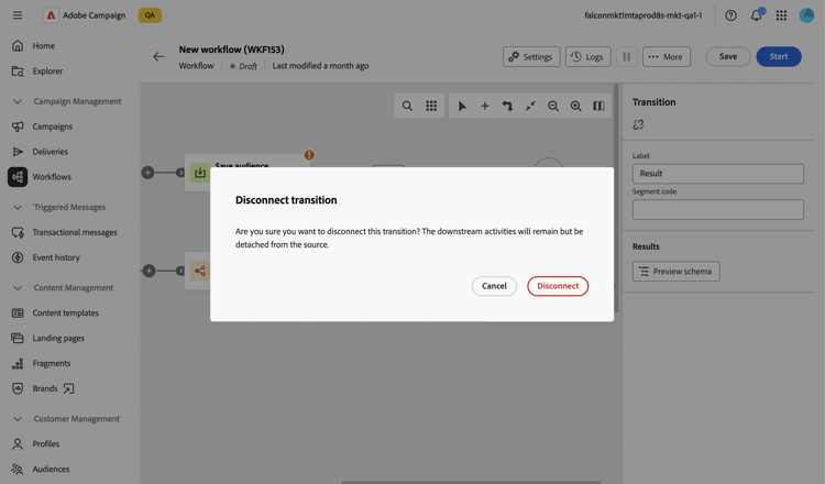 Disconnect transition confirmation dialog