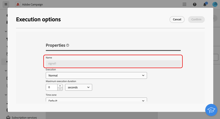 The screenshot shows the External Signal activity's name in the Execution options.