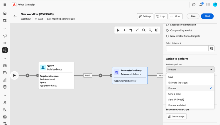 Screenshot showing the actions to execute in the automated delivery