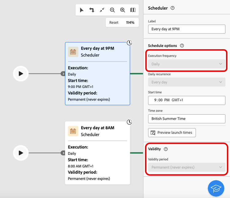 Scheduler interface in read-only mode, showing disabled settings options.
