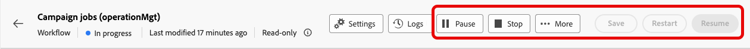 Technical workflow interface in read-only mode, showing options to pause or stop workflows.