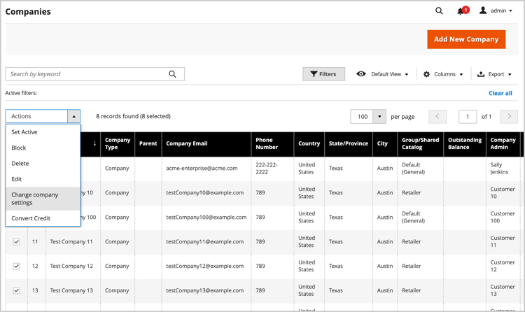 Select action to apply to selected companies