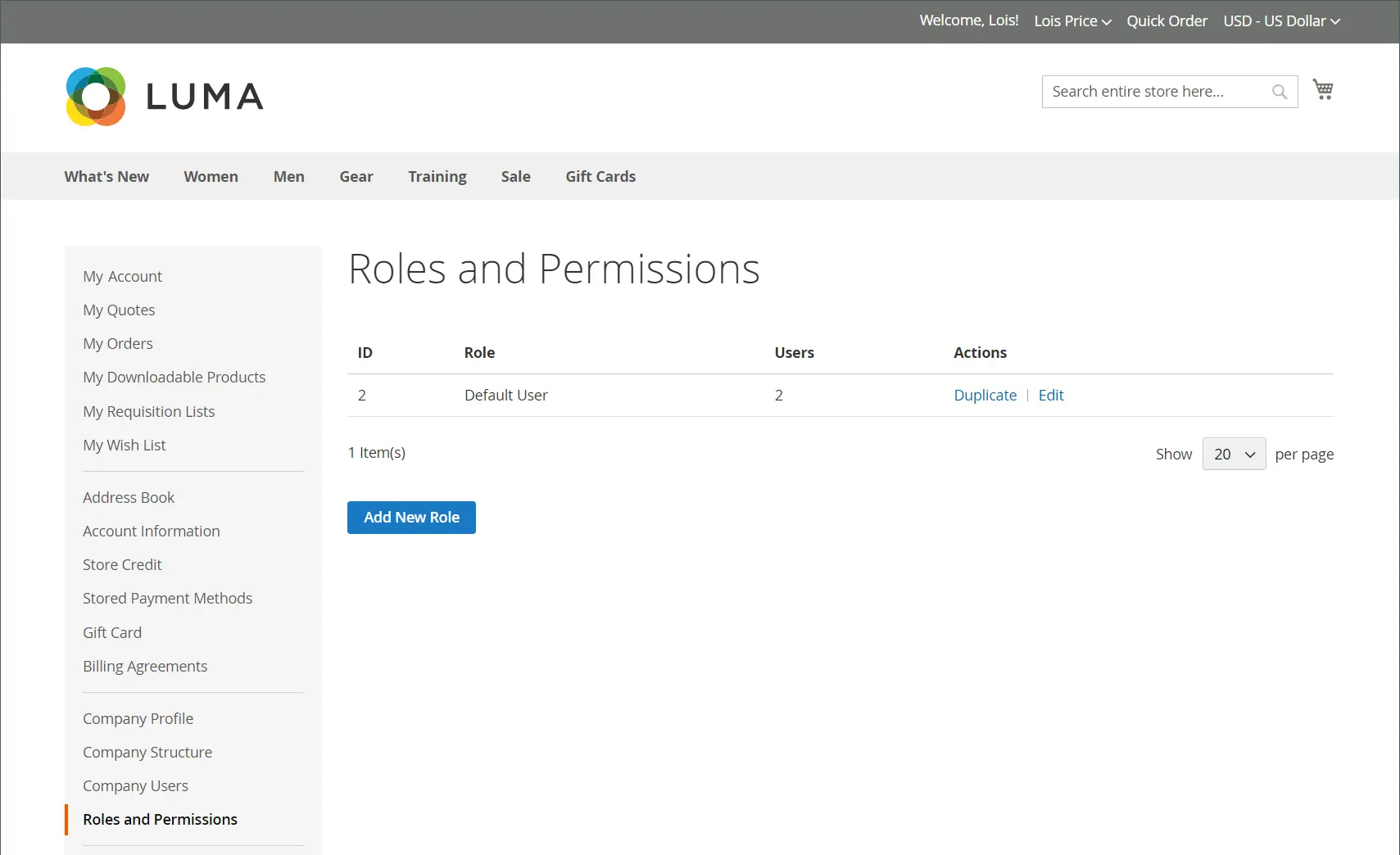 Roles and Permissions page with default role