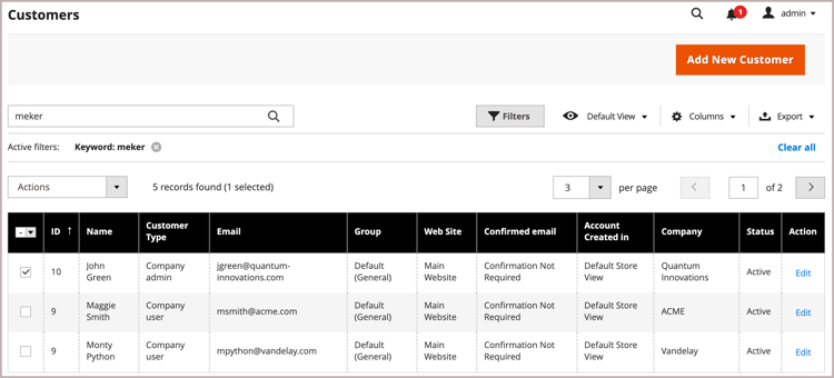 Customers grid with company administrator accounts