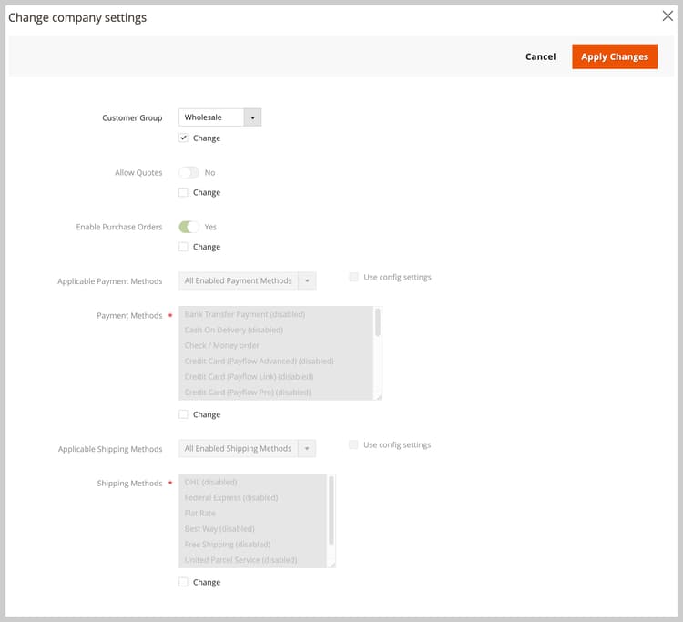 Change company settings for multiple companies