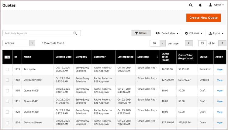 Quotes list view in Admin