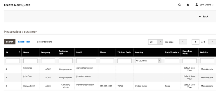 Seller initiating a buyer quote from the Quotes grid in the Admin