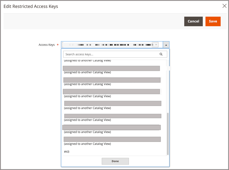 Edit Restricted Access Keys picker showing keys assigned to a catalog view