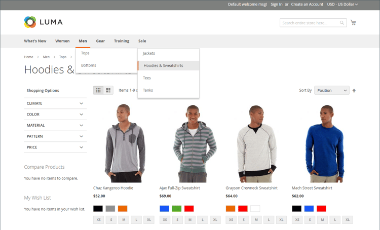 Catalog navigation on the storefront