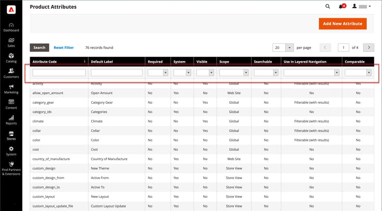Enter search terms per column to use filtered search