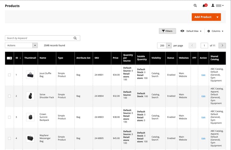 Products grid