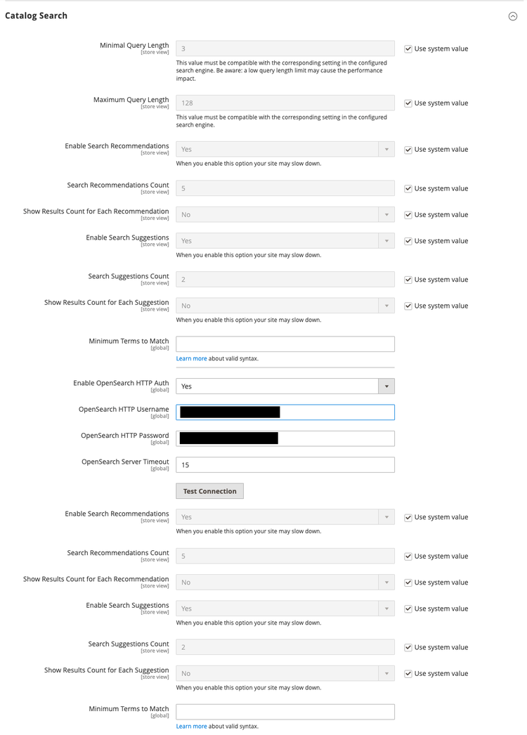 Catalog search configuration options