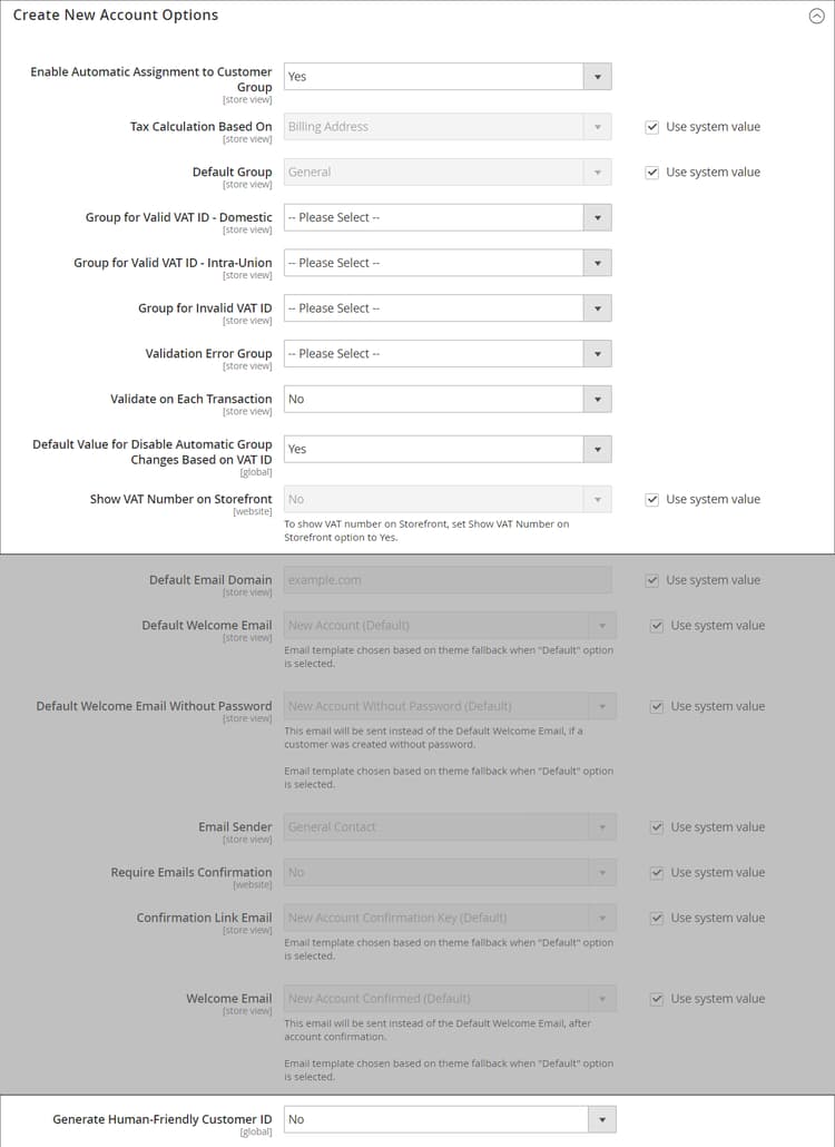 Create New Account Options (VAT Fields)