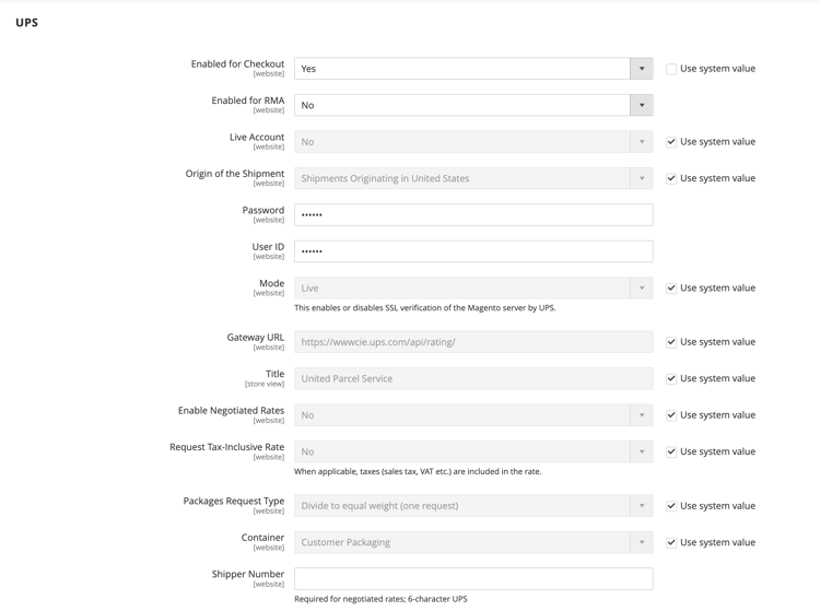 UPS REST Account Settings