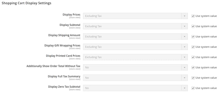 Shopping Cart Display Settings