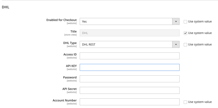 DHL Account Settings